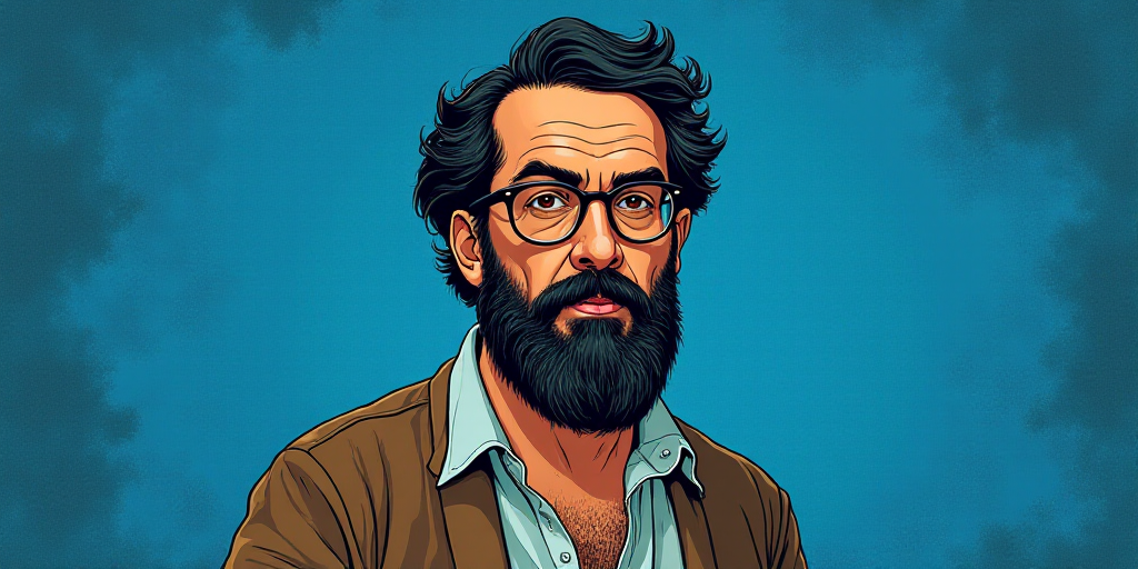 a man with a beard and glasses standing in front of a blue background with the words, el pasonista,