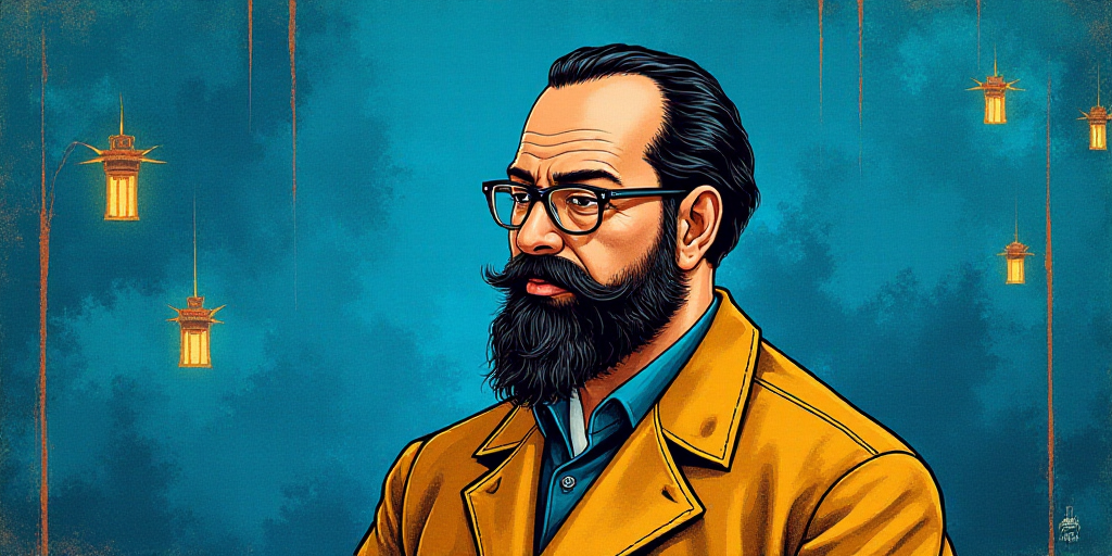 a man with a beard and glasses standing in front of a blue background with the words, el pasonista,