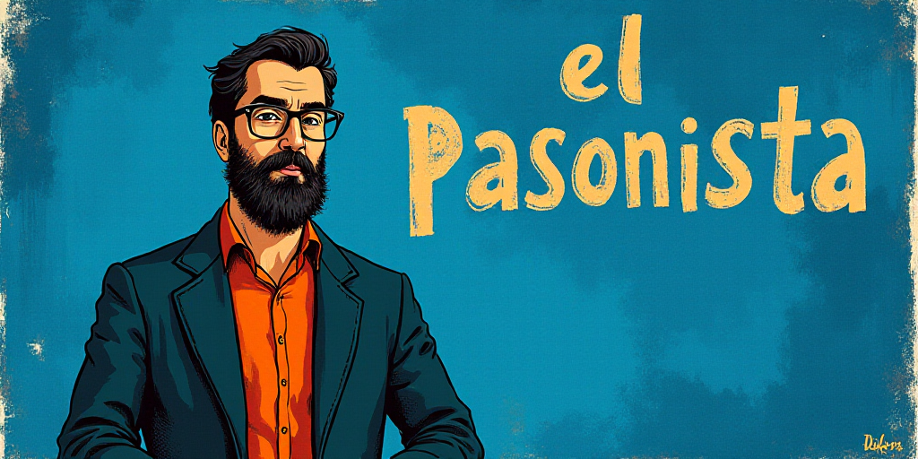 a man with a beard and glasses standing in front of a blue background with the words, el pasonista,