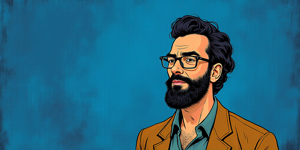 a man with a beard and glasses standing in front of a blue background with the words, el pasonista,