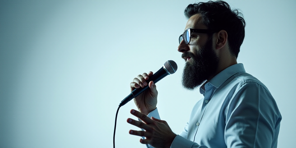 a man with a beard and glasses is holding a microphone and speaking into a microphone with a white b