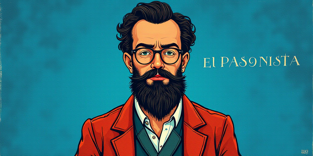 a man with a beard and glasses standing in front of a blue background with the words, el pasonista,