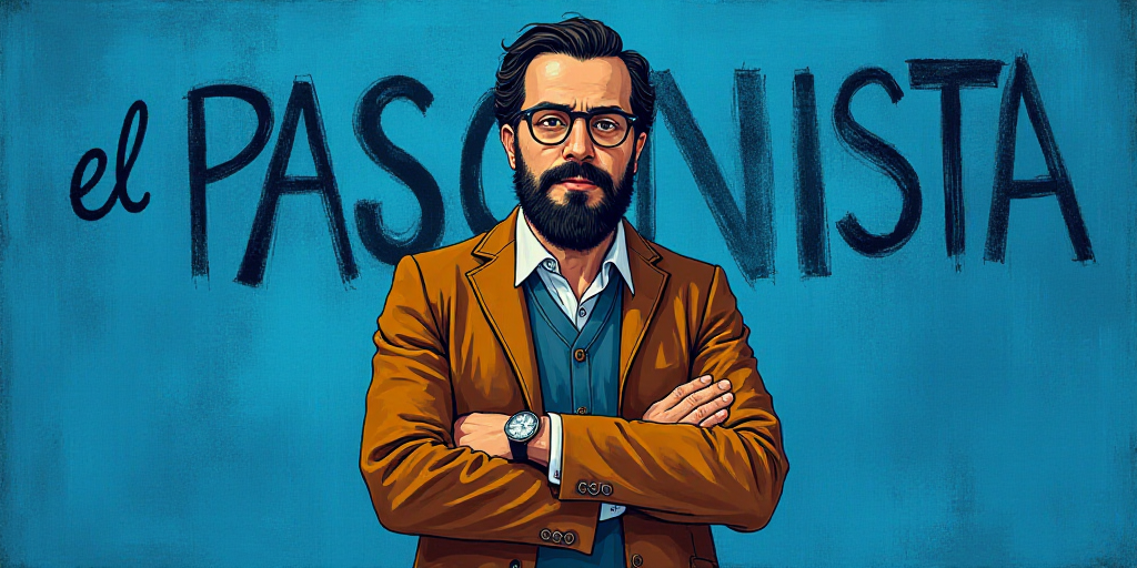 a man with a beard and glasses standing in front of a blue background with the words, el pasonista,