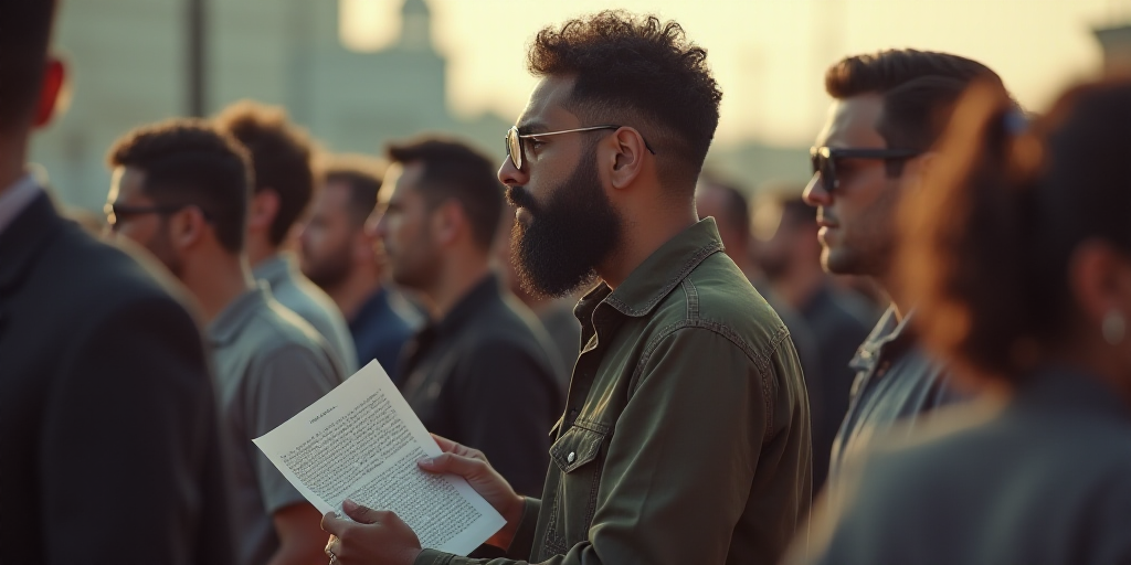 a man with a beard and glasses looking at something in his hand while standing next to other people
