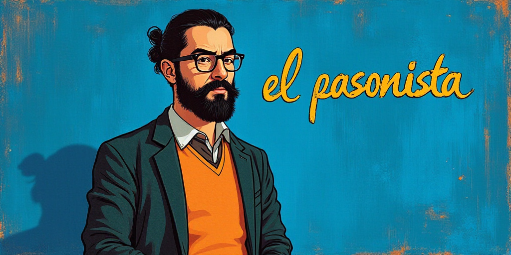 a man with a beard and glasses standing in front of a blue background with the words, el pasonista,