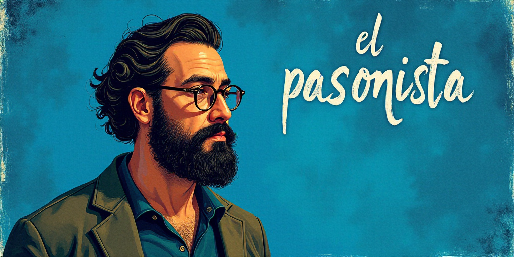 a man with a beard and glasses standing in front of a blue background with the words, el pasonista,