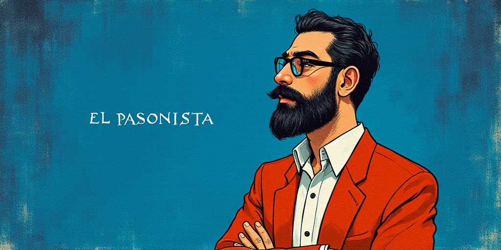 a man with a beard and glasses standing in front of a blue background with the words, el pasonista,