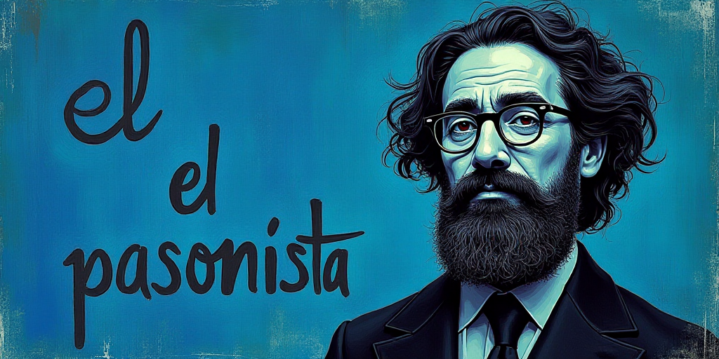 a man with a beard and glasses standing in front of a blue background with the words, el pasonista,
