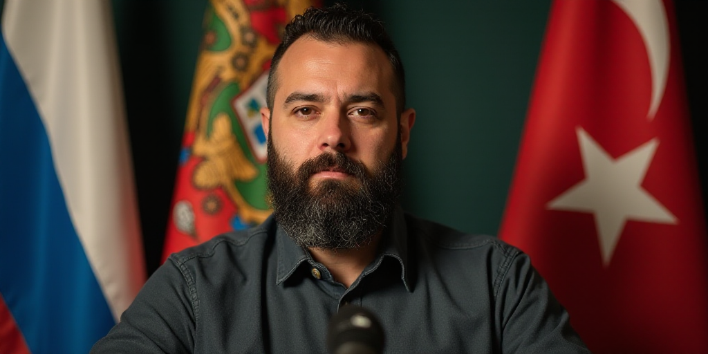 a man with a beard standing in front of two flags and a microphone in front of him is a microphone,