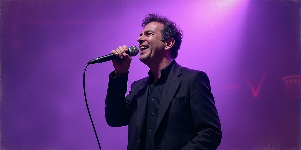a man with a black jacket and a microphone in his hand and a purple background behind him and a purp