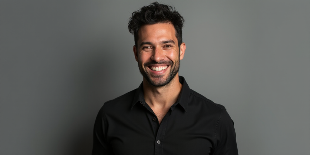 a man with a black shirt and a smile on his face and a gray background with a white border, Federico