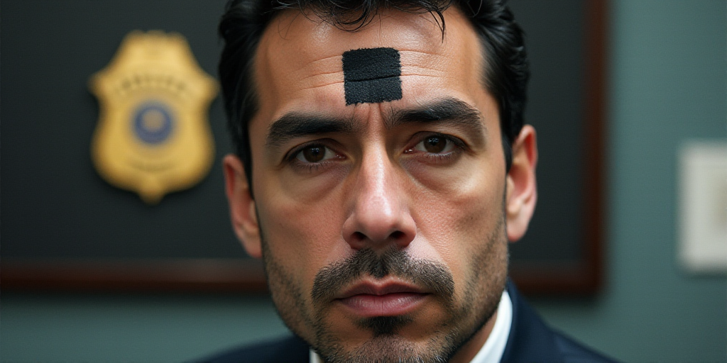 a man with a black square on his forehead and a black square on his forehead, with a police badge in