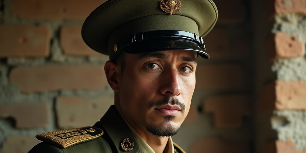 a man with a black strip on his forehead and a soldier's uniform on his head and a brick wall behind