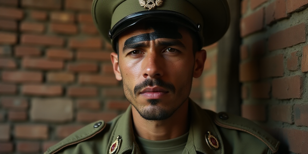 a man with a black strip on his forehead and a soldier's uniform on his head and a brick wall behind