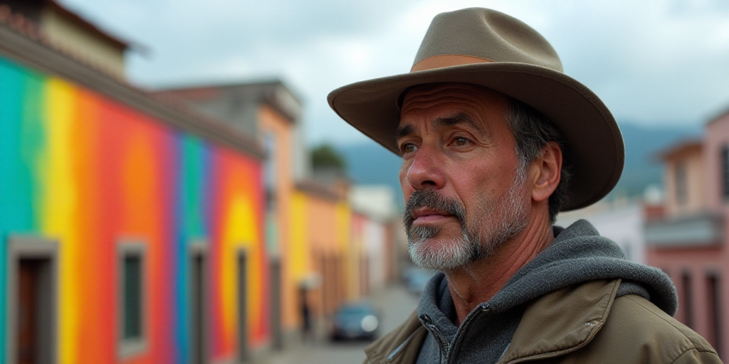 a man with a hat on his head looking off to the side with a colorful background behind him and a rai