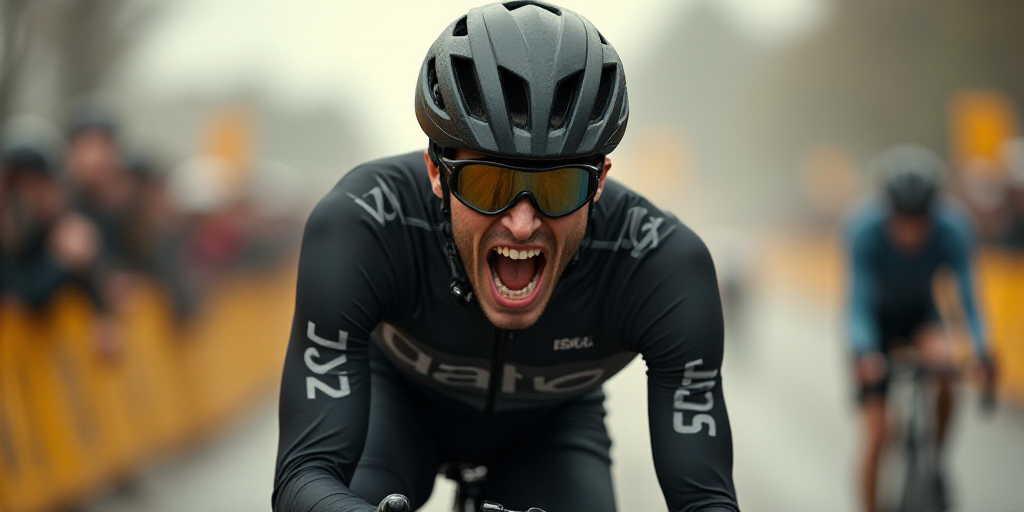 a man with a helmet and goggles on is screaming while riding a bike in a race course or competition,