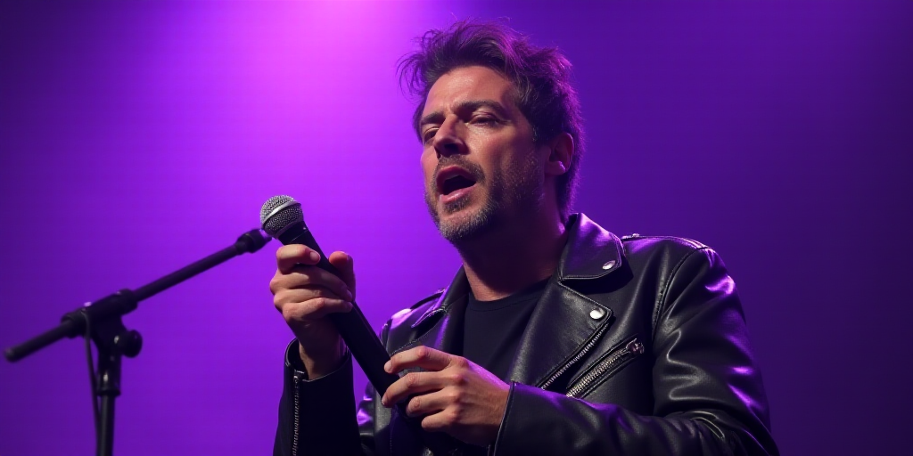 a man with a leather jacket on and a microphone in his hand and a purple background behind him and a