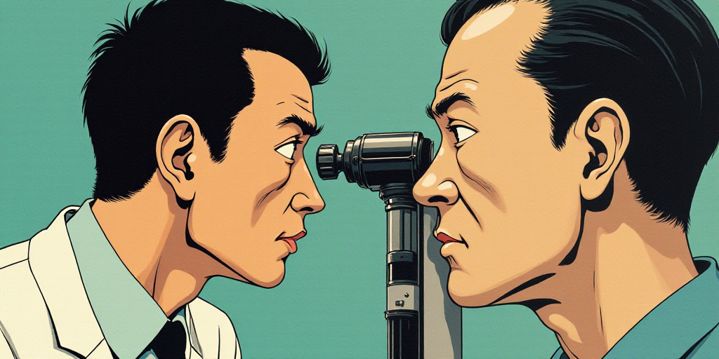a man with a medical eye exam on another man's eye with a machine in front of him, Akira Toriyama, k