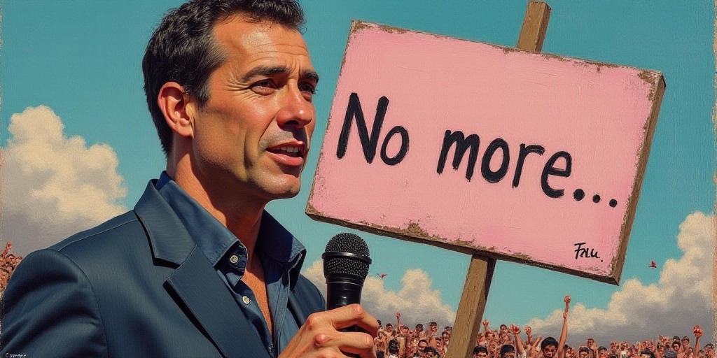 a man with a microphone in his hand and a sign in the background behind him that says, no more, Carl