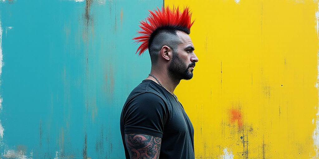 a man with a mohawk standing in front of a blue and yellow background with a black and white photo,