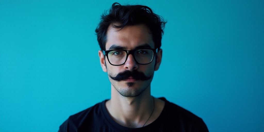 a man with a mustache and glasses is in front of a blue background with a black and white photo, Cá