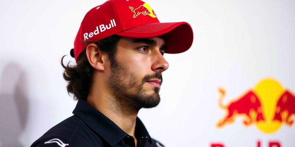 a man with a red bull hat on his head and a white background with a red bull logo on it, Alonso Váz