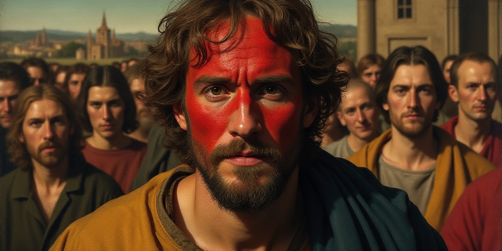 a man with a red face painted on his face and a crowd of people behind him in the background, Andrei