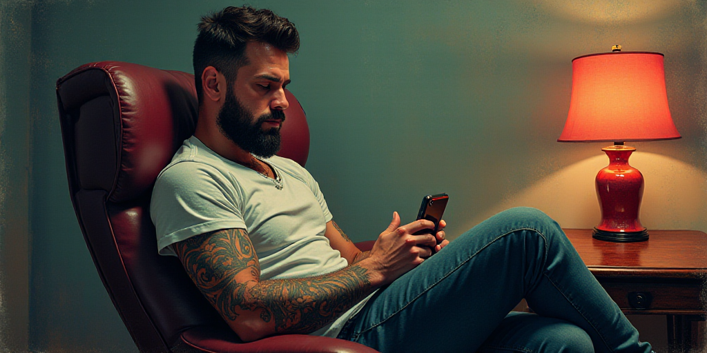 a man with a tattoo on his arm sitting in a chair with a phone in his hand and a shirt on his should