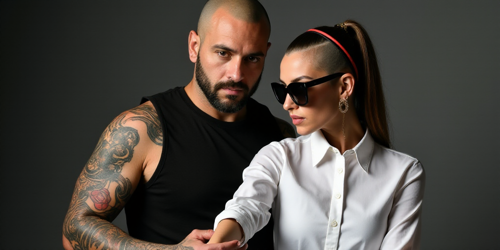 a man with a tattooed arm and a woman with a shaved head wearing sunglasses and a white shirt and a