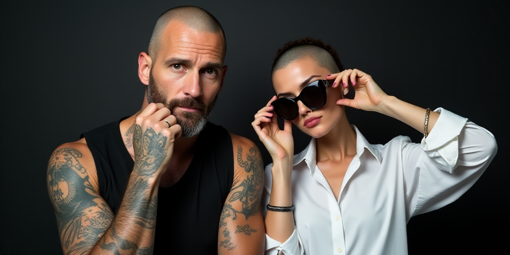 a man with a tattooed arm and a woman with a shaved head wearing sunglasses and a white shirt and a
