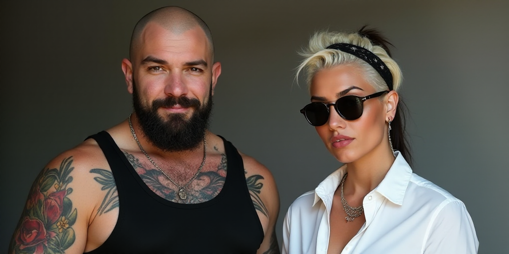 a man with a tattooed arm and a woman with a shaved head wearing sunglasses and a white shirt and a