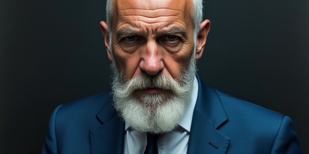 a man with a white beard and a blue suit and tie is looking at the camera with a serious look on his