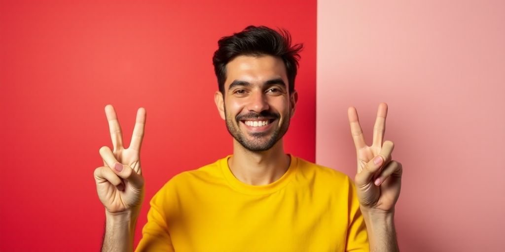 a man with a yellow shirt is giving the peace sign with his hand and smiling at the camera with a re