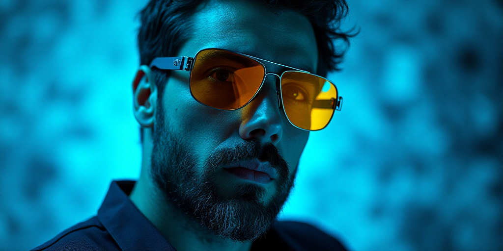 a man with glasses and a beard in front of a blue background with a black and yellow border and a bl