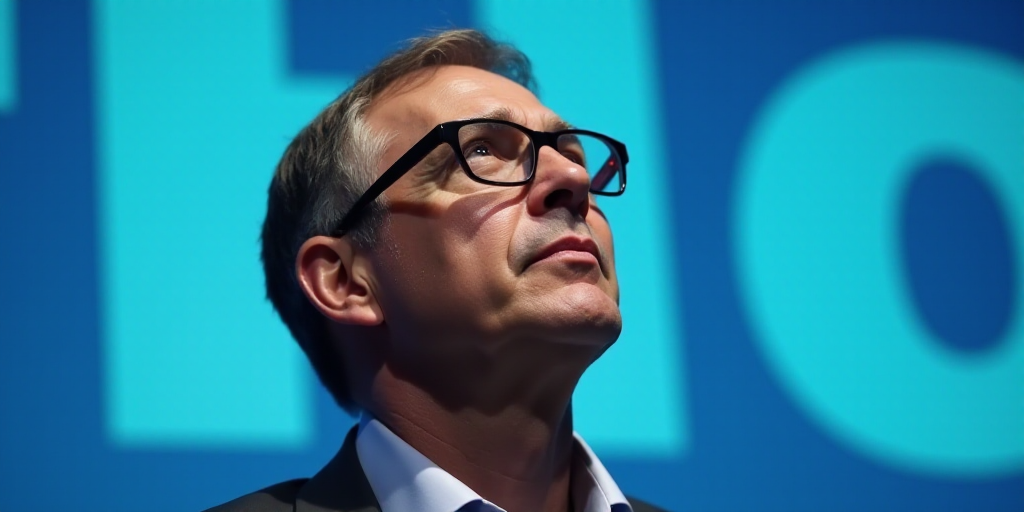 a man with glasses is looking up at something in the distance with a blue background behind him and