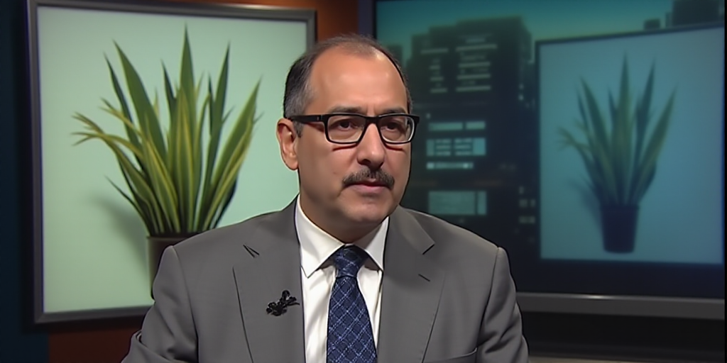 a man with glasses is on a news program with a picture of a plant in the background and a sign that