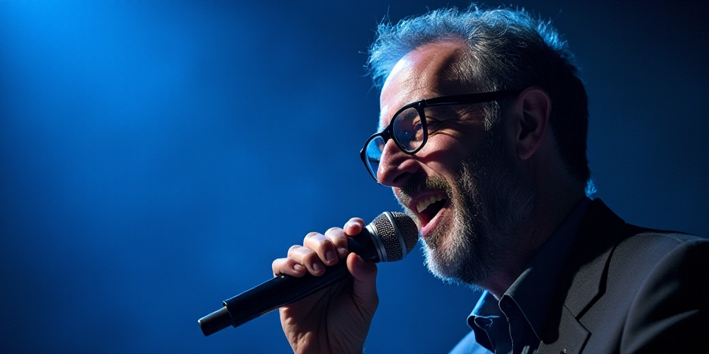 a man with glasses on his face and a microphone in his hand and a microphone in his mouth, with a bl