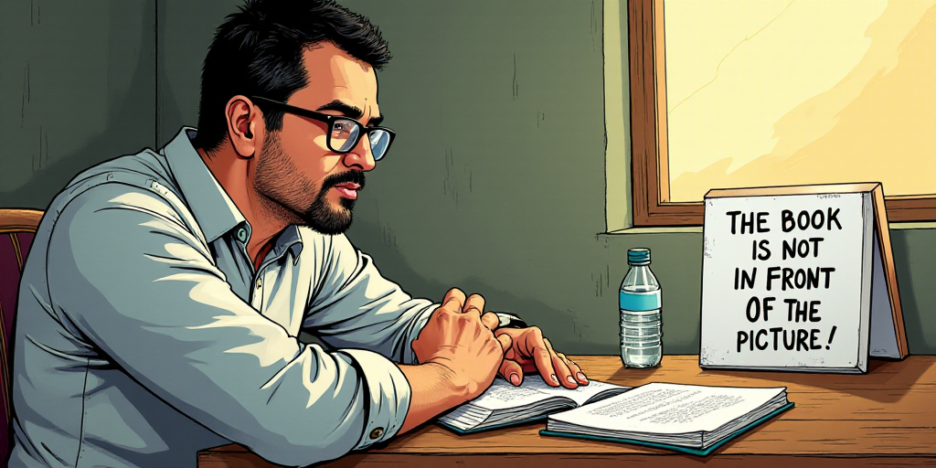 a man with glasses sitting at a table with a book and water bottle in front of him and a sign that s