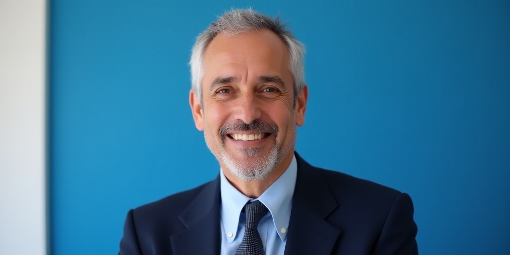 a man with gray hair and a suit and tie is smiling at the camera with a blue background and a white