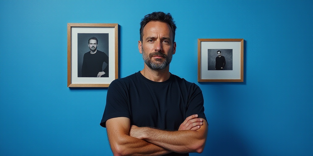 a man with his arms crossed standing in front of a blue background with a black and white photo of h