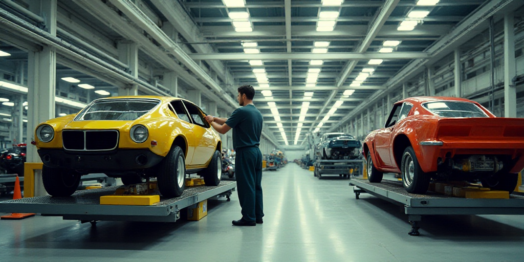 a man working on a car in a factory with a car being assembled on a machine and a car being assemble
