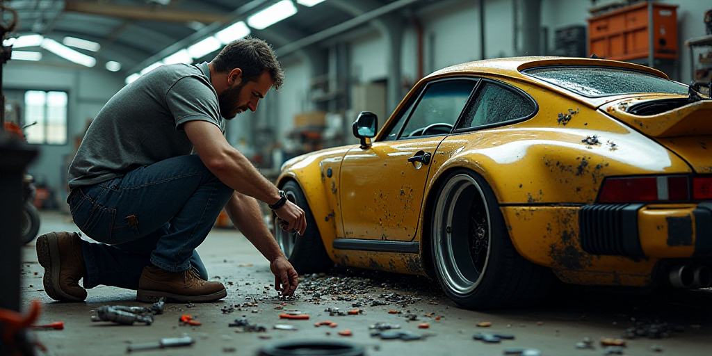 a man working on a car in a garage with a wrench and a wrench in his hand, Dahlov Ipcar, ex machina,