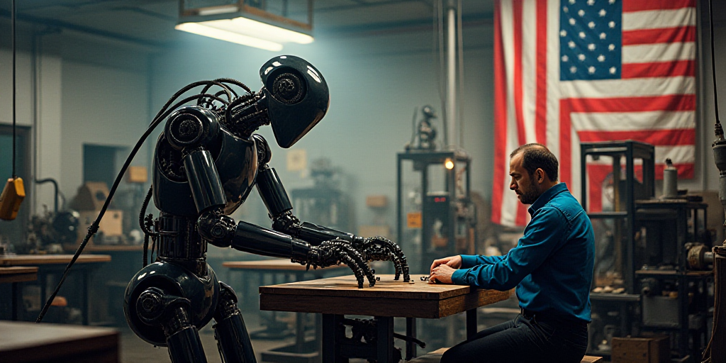 a man working on a machine in a factory with american flag in the background and a flag hanging from