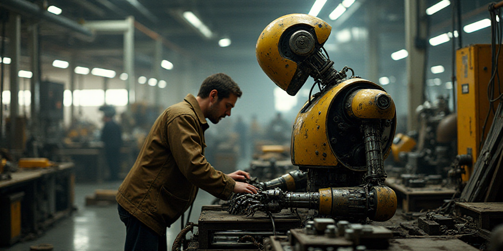 a man working on a machine in a factory with lots of machines in the background and a man in the for