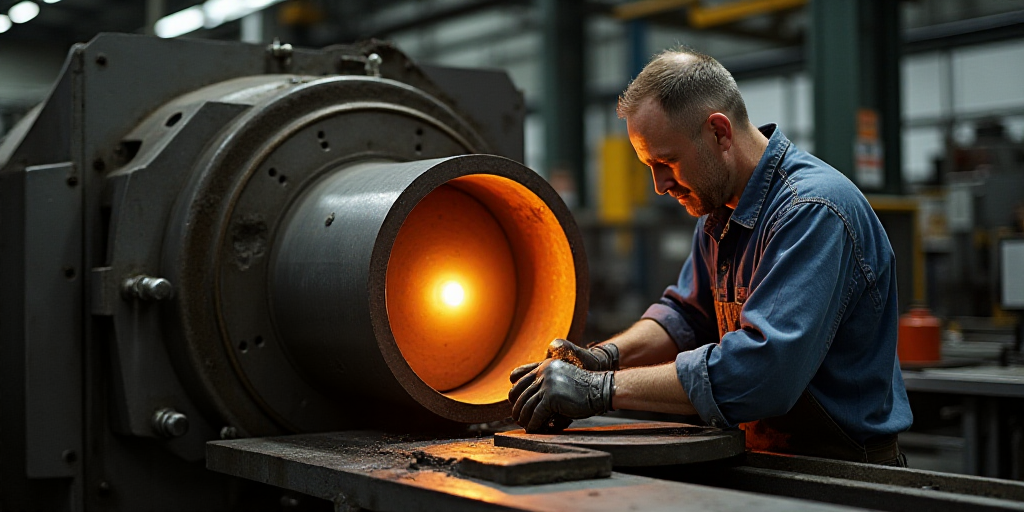 a man working on a metal object in a factory with a bright light coming from the machine behind him,