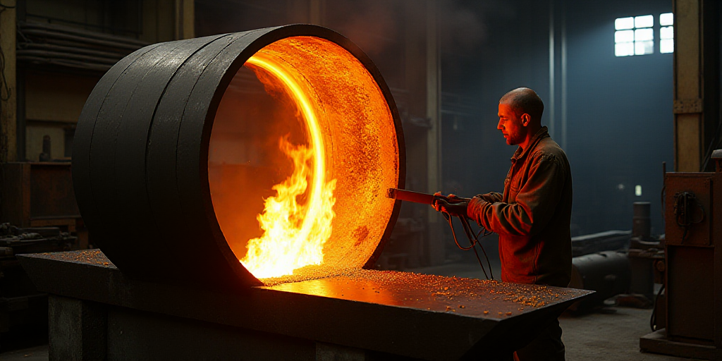 a man working on a piece of metal in a factory with a large flame coming out of it's center, Andries
