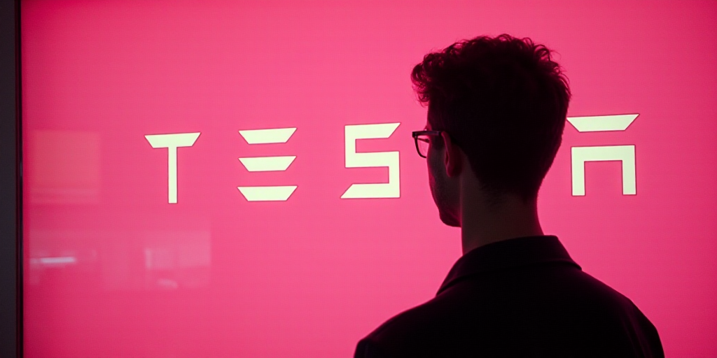 a man's silhouette is shown in front of a pink sign with the word tesla on it and a silhouette of a