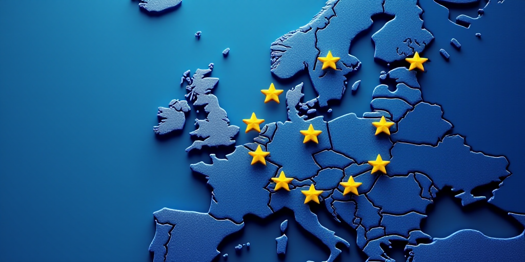 a map of europe with five stars and a euro sign in the middle of it, with a blue background, Florenc