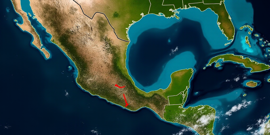 a map of the tropical region of mexico with a red line pointing to the location of the major areas,