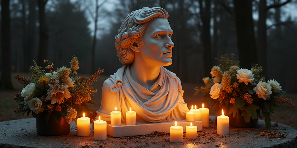 a memorial with candles and a picture of charlie kirk on it and flowers and candles around it with a